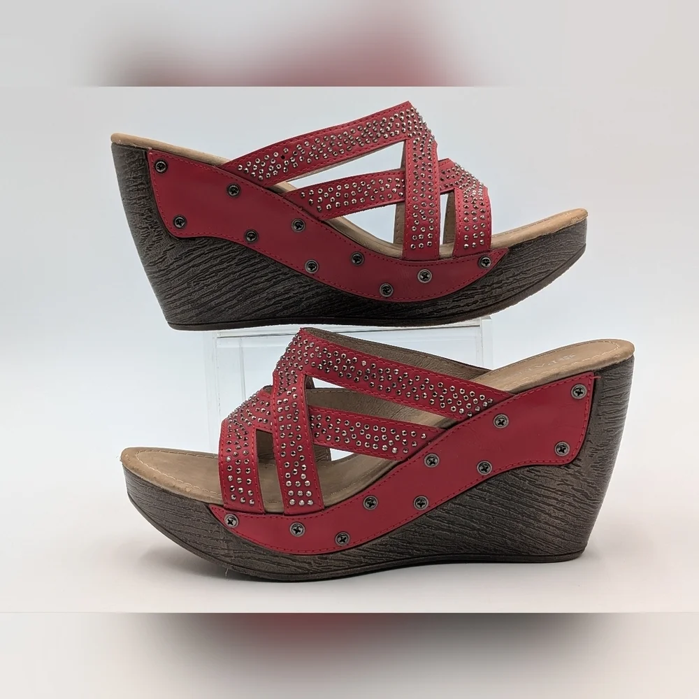 Patrizia By Spring Step Studded Red Sequin High Heel Wedge Sandal Sz US 9 EU 40 - Picture 4 of 16